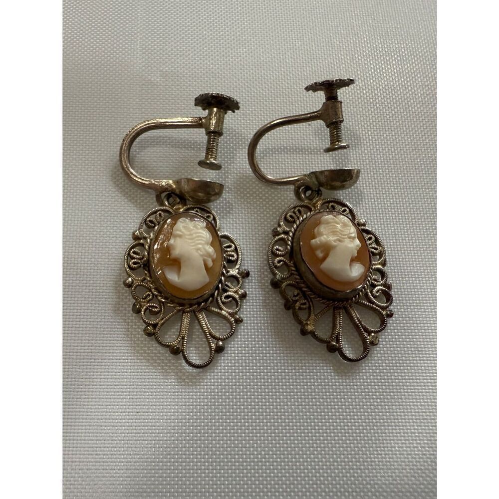 Victorian Sterling Silver Cameo and Filigree Earrings with Hand Carved Motif